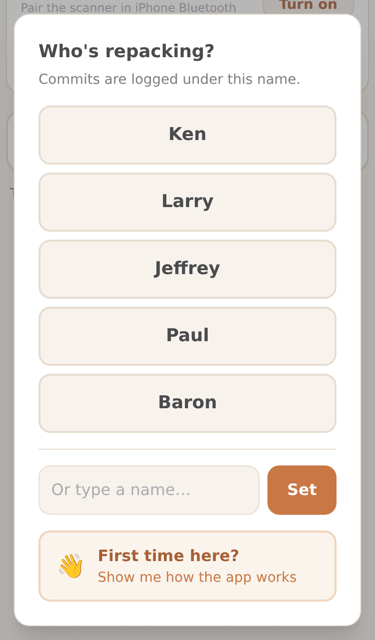 The Who's repacking screen with a list of names and a box to type your own