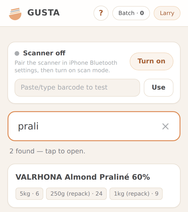 Search results: typing prali shows a matching product card with its sizes