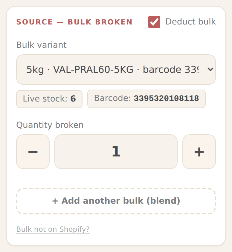 The red Source card: a bulk size drop-down, live stock, and a quantity with minus and plus buttons
