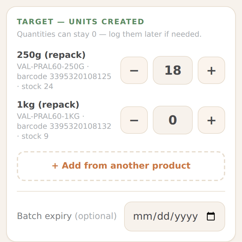 The green Target card with each smaller size and a quantity box, one of them set to 18