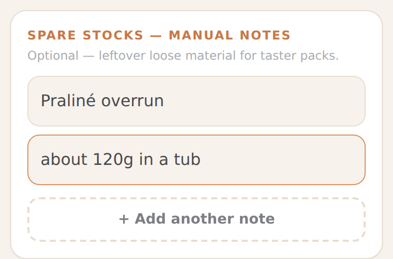 The Spare Stocks card with an item box and a notes box