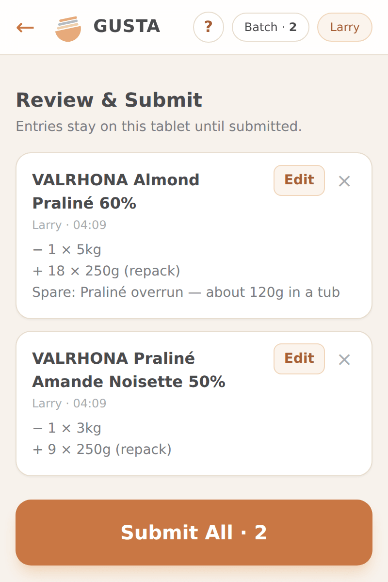 The Review and Submit list showing saved entries with Edit and remove buttons