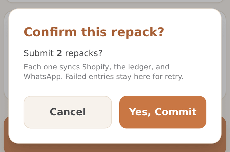 The confirmation box asking Confirm this repack with Cancel and Yes Commit buttons